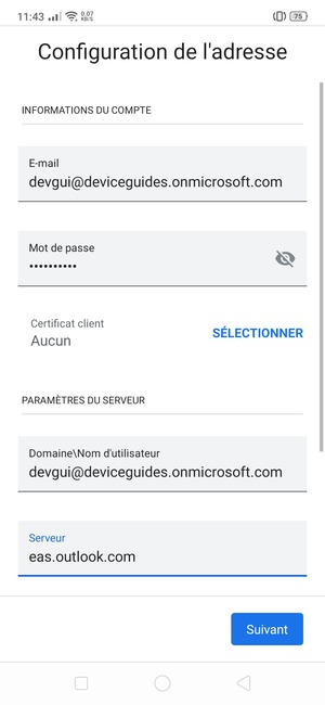 Saisissez votre Nom d'utilisateur et l'adresse du serveur Exchange. Sélectionnez Suivant