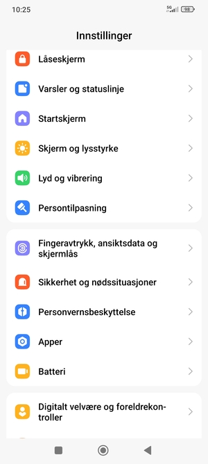 Bla til og velg Fingeravtrykk, ansiktsdata og skjermlås