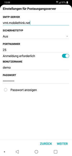 Geben Sie die Server-Adresse für ausgehende Post ein