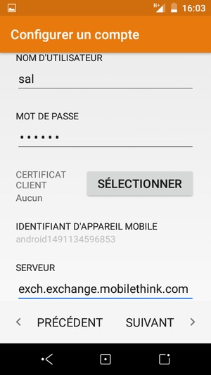 Saisissez votre Nom d'utilisateur et l'adresse du serveur Exchange. Sélectionnez SUIVANT