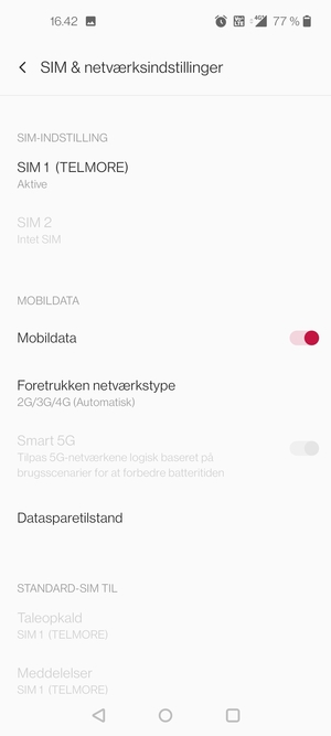 Vælg SIM 1 eller SIM 2
