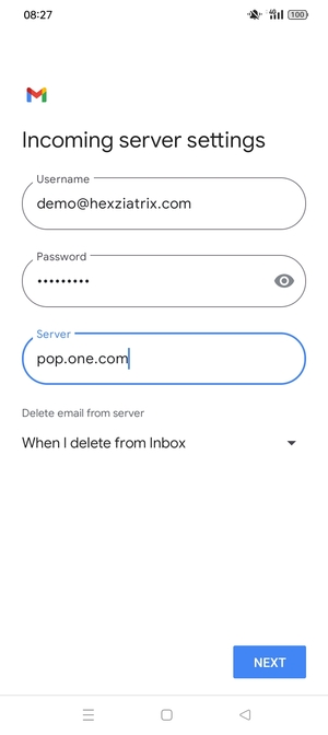 Enter Username and Incoming server address. Select NEXT