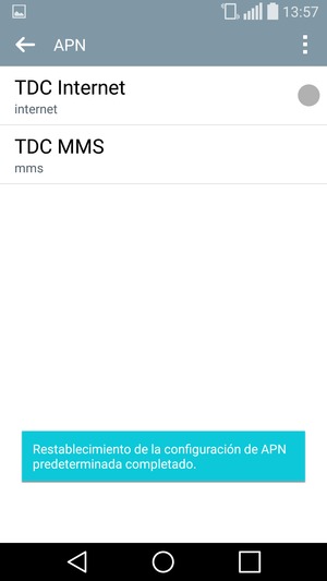 El teléfono se reiniciará con la configuración predeterminada de Internet y MMS