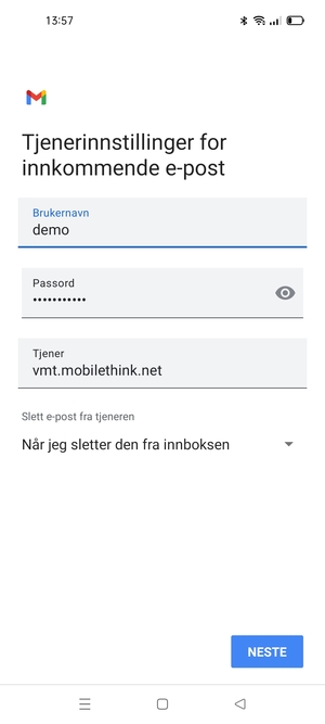 Skriv inn Brukernavn og innkommende serveradresse. Velg NESTE