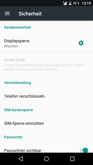 Um die PIN für die SIM-Karte zu wechseln, gehen Sie zum Sicherheit Menü zurück und wählen Sie SIM-Sperre einrichten