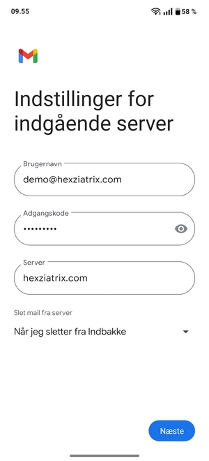 Indtast Brugernavn og indgående serveradresse. Vælg Næste
