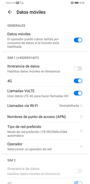 Desplácese a SIM 1 o SIM 2 y seleccione Nombres de punto de acceso (APN)