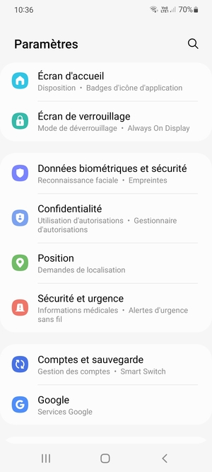 Faites défiler et sélectionnez Donnèes biométriques et sécurité
