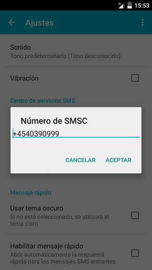 Introduzca el Número de SMSC y seleccione ACEPTAR