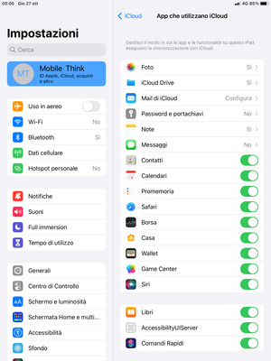 Seleziona i servizi per i quali desideri eseguire il backup
