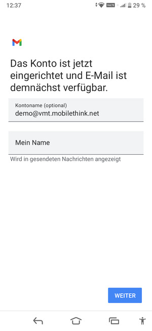Geben Sie Ihrem Konto einen Namen und geben Sie Ihren Namen ein. Wählen Sie WEITER