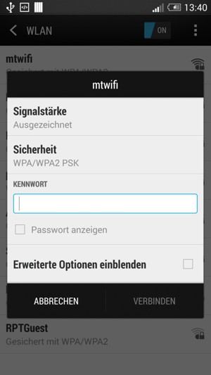 Geben Sie die WLAN-Kennwort ein und wählen Sie VERBINDEN