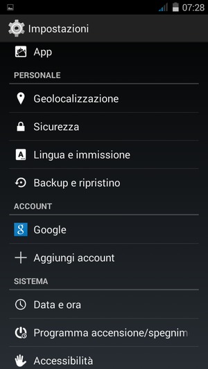 Torna al menu Impostazioni e seleziona Google