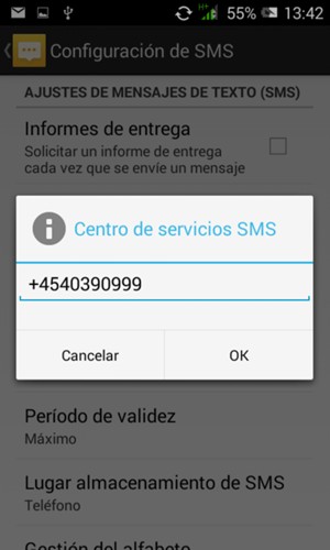 Introduzca el número de Centro de servicios SMS y seleccione OK