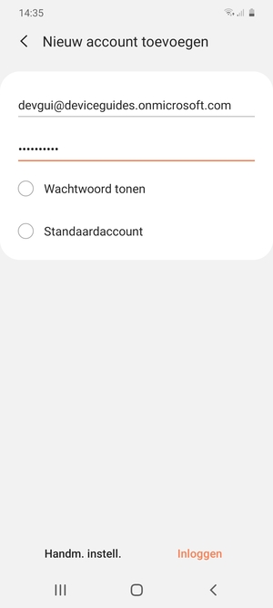 Voer uw e-mailadres en wachtwoord in. Selecteer Handm. instell.