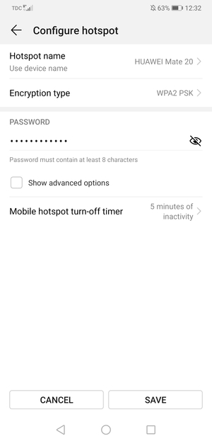 Enter a Wi-Fi hotspot password of at least 8 characters and select SAVE