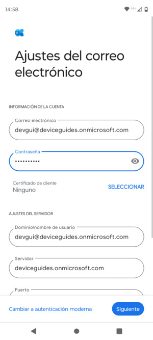 Introduzca Nombre de usuario y la dirección de servidor Exchange. Seleccione Siguiente