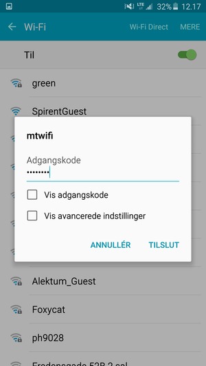 Indtast Wi-Fi adgangskoden og vælg TILSLUT