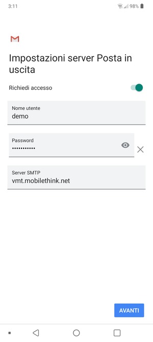Inserisci l'indirizzo del server di posta in uscita