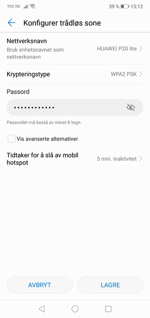 Skriv inn et Wi-Fi hotspot-passord på minst 8 tegn og velg LAGRE