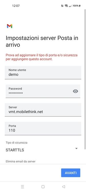 Seleziona Tipo di sicurezza