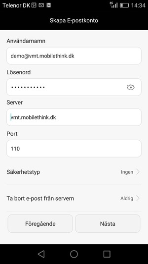 Ange Användarnamn och inkommande serveradress. Välj Nästa