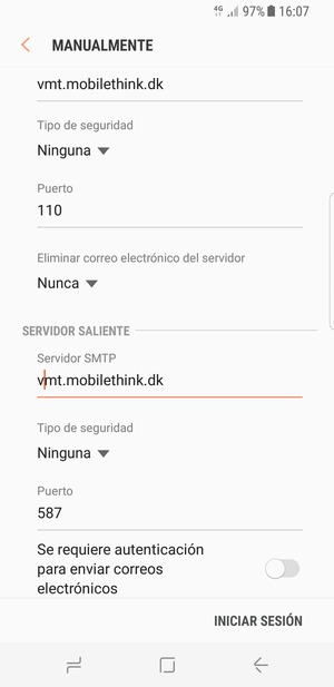 Desactive Se requiere autenticación para enviar correos electrónicos y seleccione INICIAR SESIÓN
