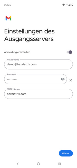 Geben Sie die Server-Adresse für ausgehende Post ein und wählen Sie Weiter