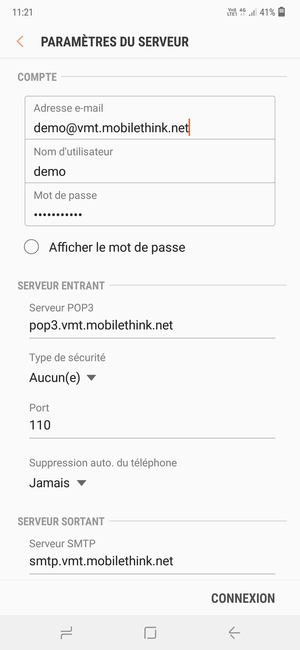 Saisissez votre Nom d'utilisateur et l'adresse du serveur entrant