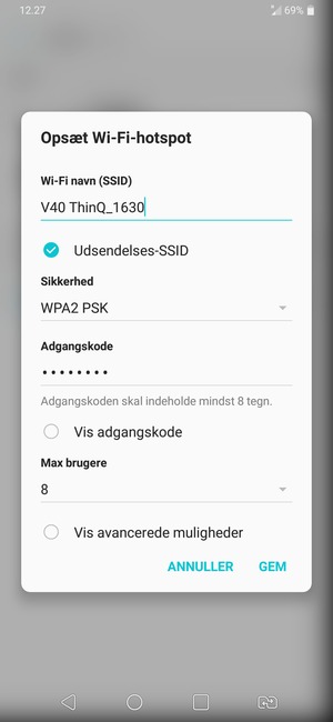 Indtast en  Wi-Fi-hotspot  adgangskode på minimum 8 tegn og vælg GEM