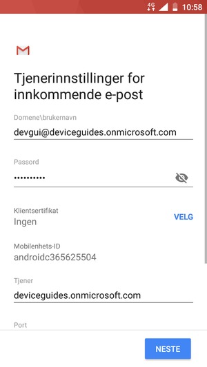 Skriv inn Brukernavn og Exchange serveradresse. Velg NESTE