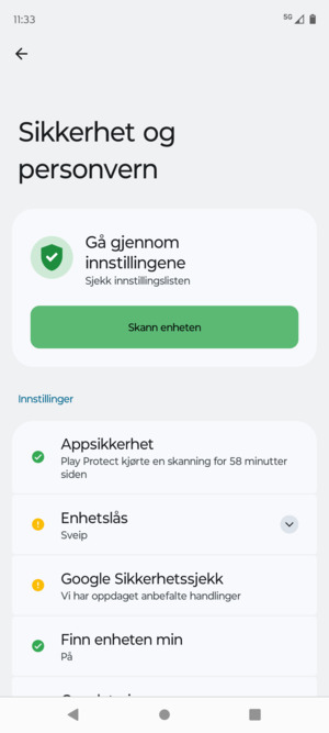 For å aktivere skjermlåsen, gå til Sikkerhet-menyen og velg Enhetslås