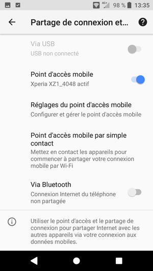 Votre téléphone est maintenant configuré pour être utilisé comme modem