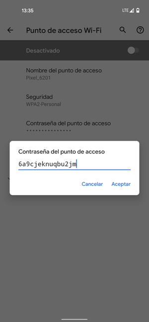 Introduzca una contraseña de punto de acceso Wi-Fi de al menos 8 caracteres y seleccione Aceptar
