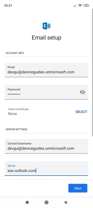 Enter Username and Exchange server address. Select Next