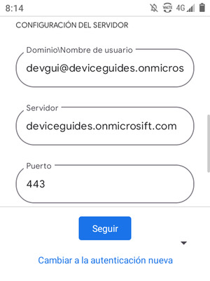 Introduzca Nombre de usuario y la dirección de servidor Exchange. Seleccione Seguir