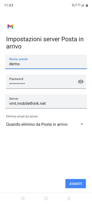 Inserisci Username e l'indirizzo del server di posta in arrivo. Seleziona AVANTI