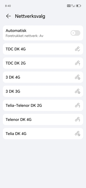 Velg en nettverksoperatør fra listen