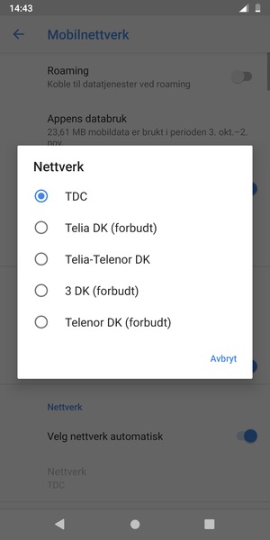 Velg en nettverksoperatør fra listen