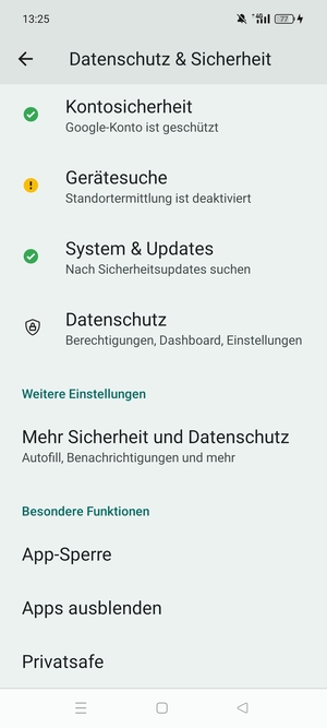 Scrollen Sie und wählen Sie Mehr Sicherheit und Datenschutz