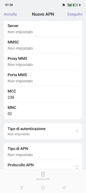 Scorri verso il basso e inserisci le informazioni di internet