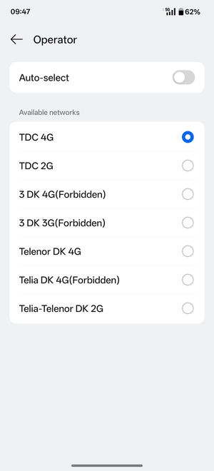 Select a network operator from the list