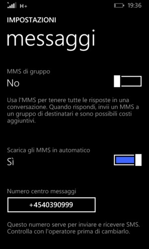 Scorri e seleziona numero centro messaggi