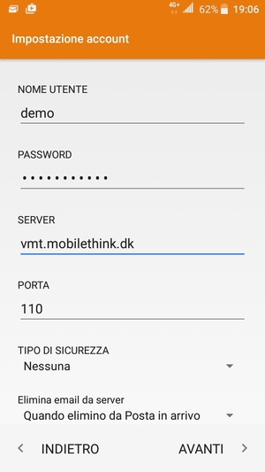 Inserisci NOME UTENTE e l'indirizzo del server di posta in arrivo. Seleziona AVANTI