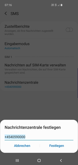 Geben Sie die Nachrichtenzentrale Nummer ein und wählen Sie Festlegen