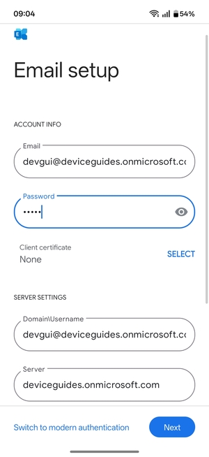 Enter Username and Exchange server address. Select Next