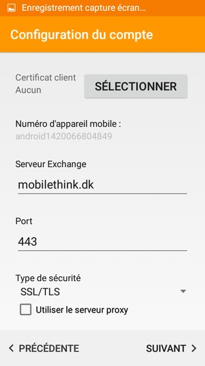 Faites défiler vers le bas et saisissez l'adresse du serveur Exchange. Sélectionnez SUIVANT