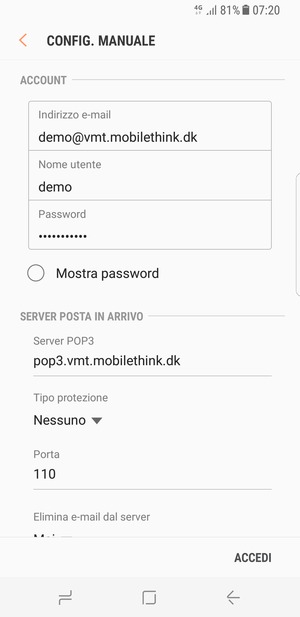 Inserisci Nome utente e l'indirizzo del server di posta in arrivo