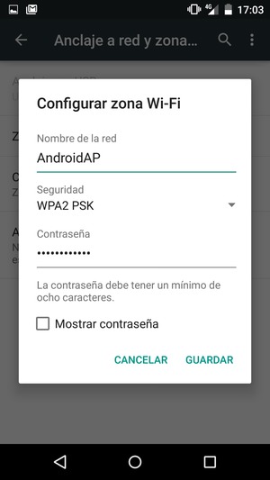 Introduzca una contraseña de punto de acceso Wi-Fi de al menos 8 caracteres y seleccione GUARDAR