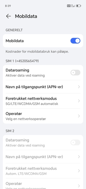 Bla til SIM 1 eller SIM 2 og velg Navn på tilgangspunkt (APN-er)